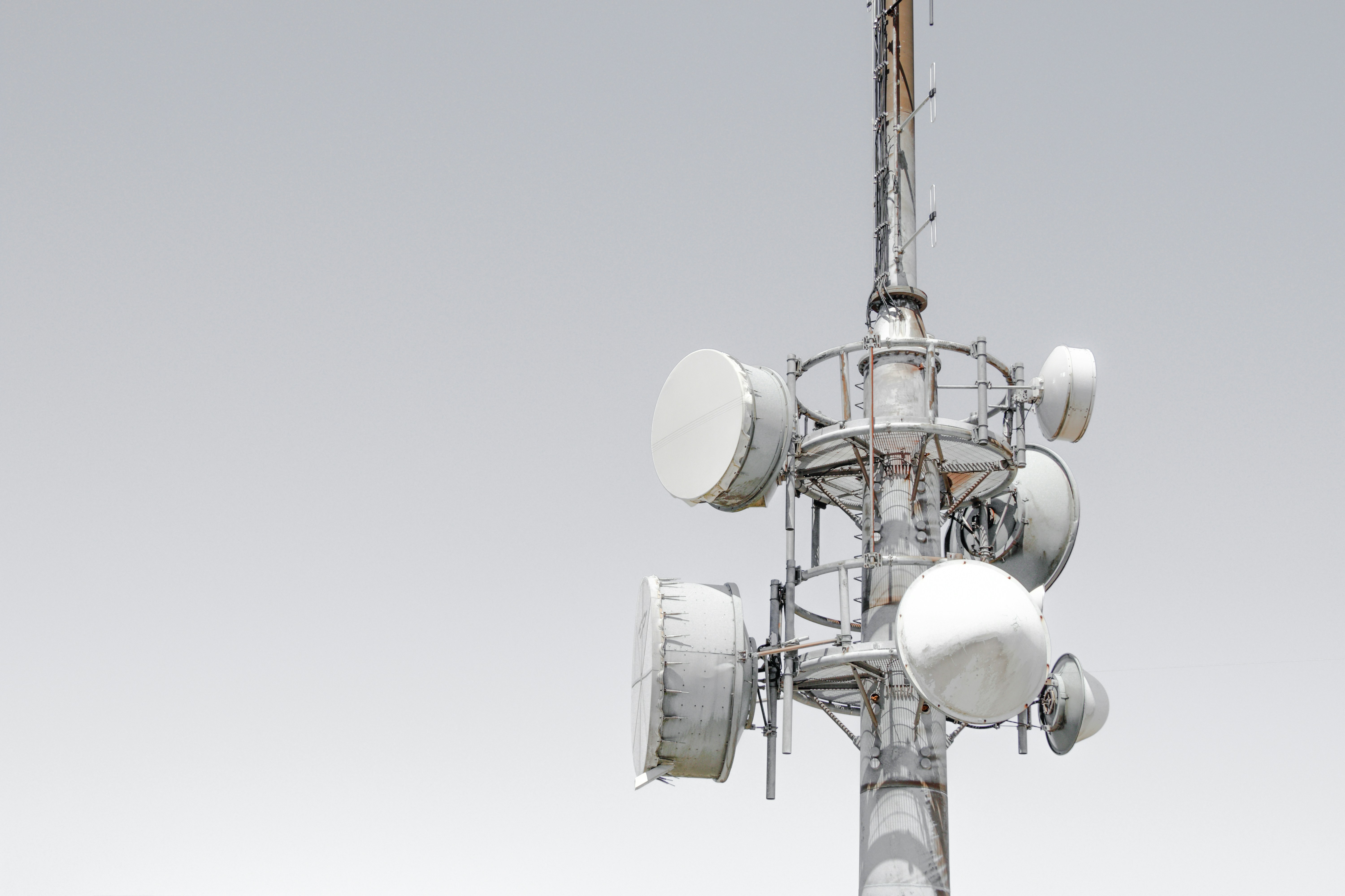 A communications tower with microwave dishes against a pale sky